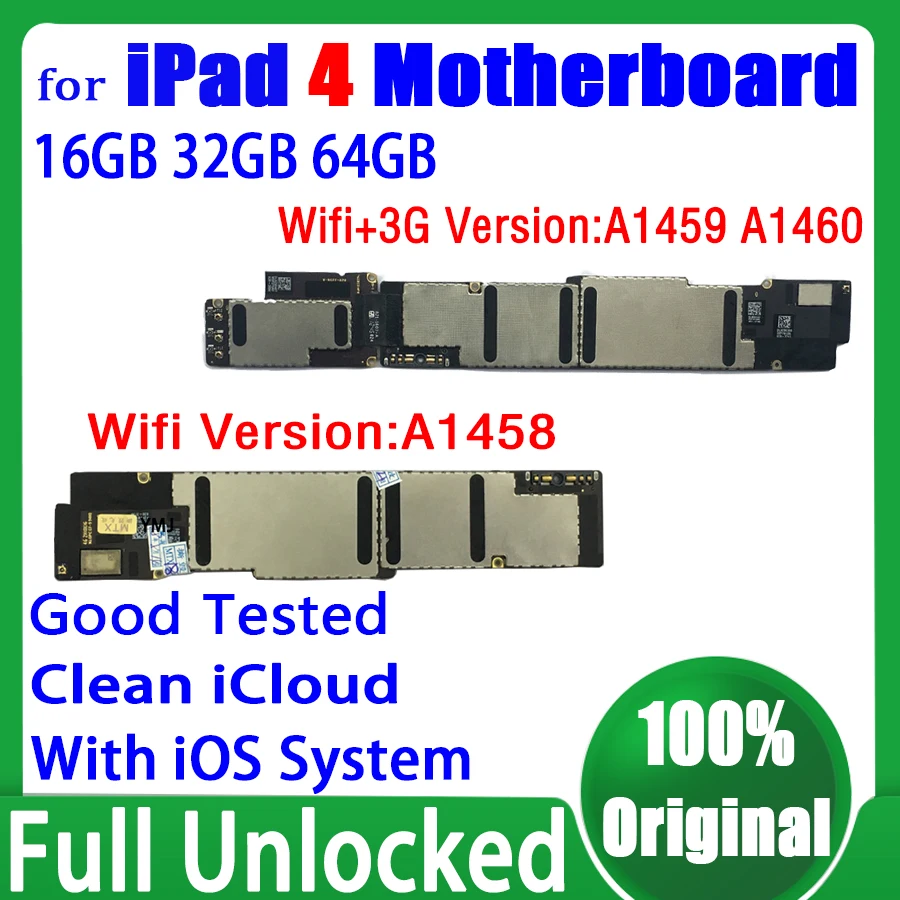 

Original Unlocked For iPad 4 Wifi / Cellular 3G Version Motherboard Full Chips Plate Free iCloud Logic Board 16GB / 32GB / 64GB