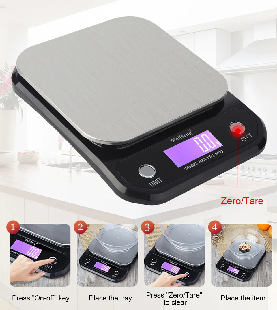 

10kg / 1g Digital Food Kitchen Scale LCD Display Multi-function Stainless Steel Weighing Food Scale Cooking Tool Balance