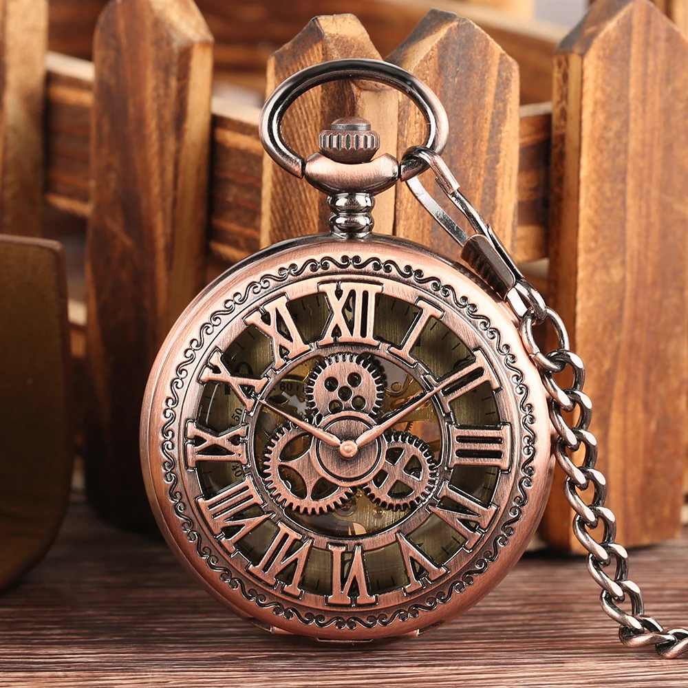 Rose Gold Gearwheel Roman Numerals Skeleton Manual Mechanical Pocket Watch Fob Chain Steampunk Vintage Pocket Timepiece Male