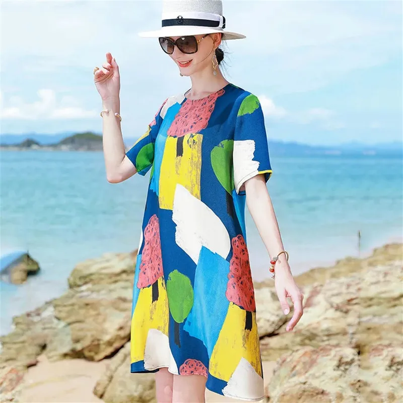 

Женское платье с контрастным принтом, свободная юбка средней длины контрастных цветов, одежда для мам, лето 2022