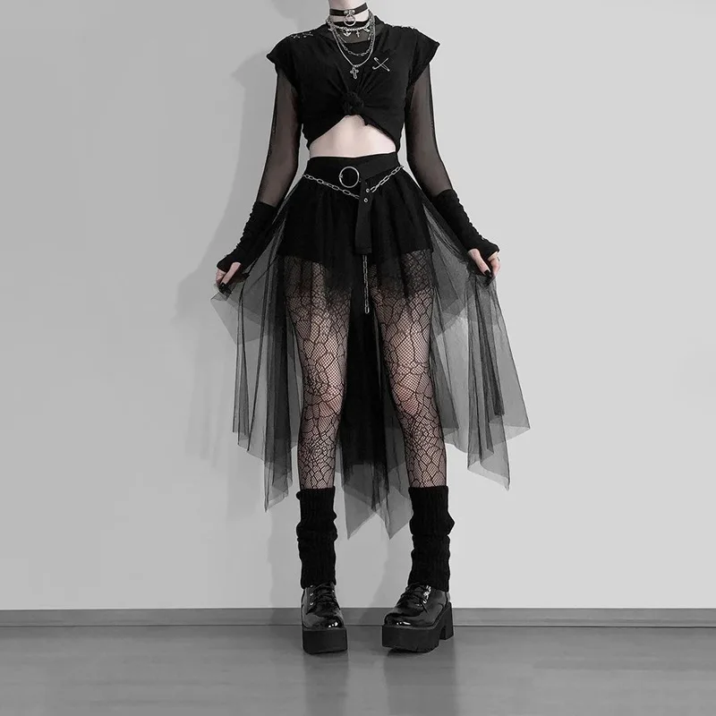 

Women Mesh Skirt Gothic Irregular Tulle Skirt Black Punk Rave Party Vintage Lolita Goth Tutu Skirts Long Faldas Aesthetic