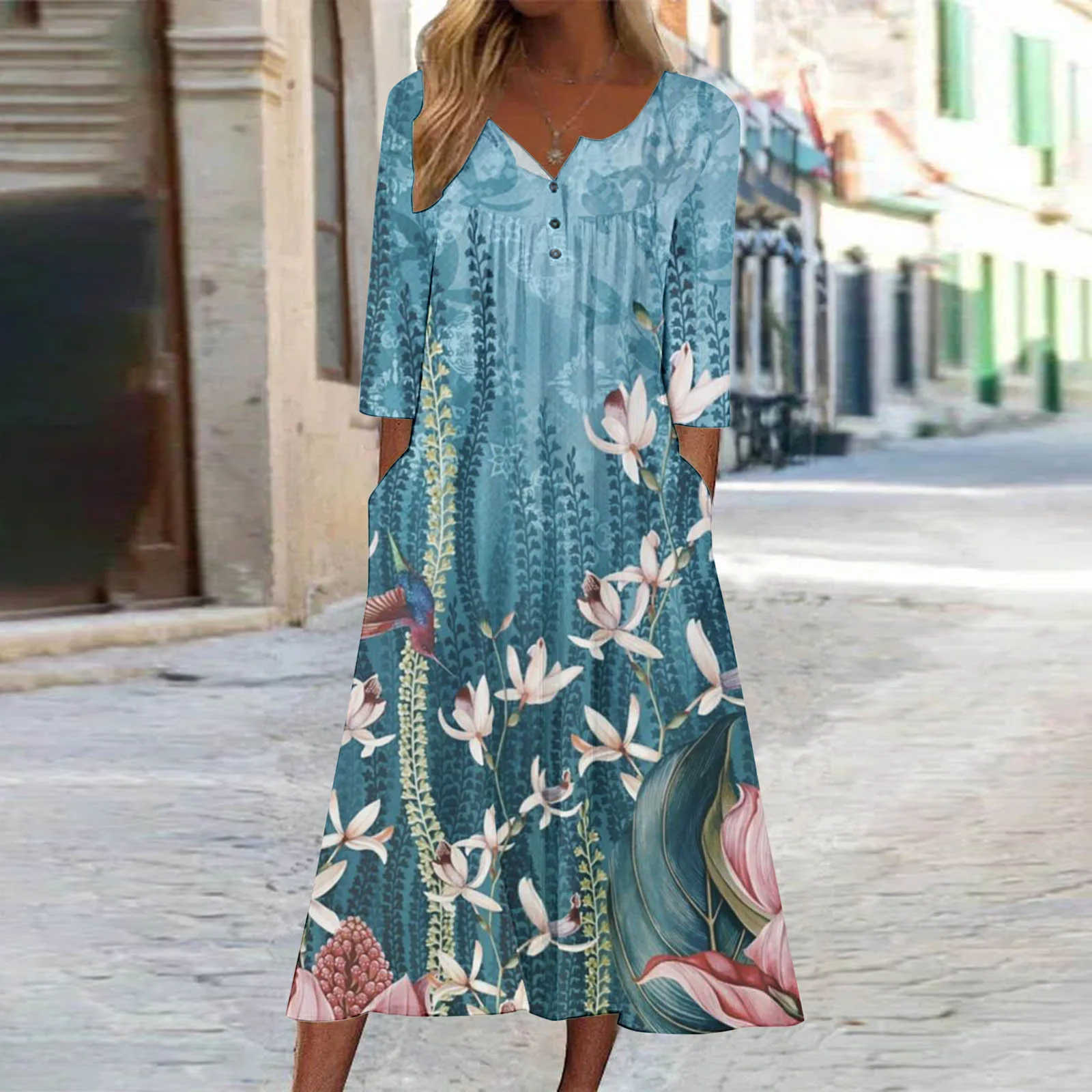 

Женские рабочие платья, женские платья с круглым вырезом, платья средней длины с рукавом три четверти и принтом на пуговицах, повседневные п...