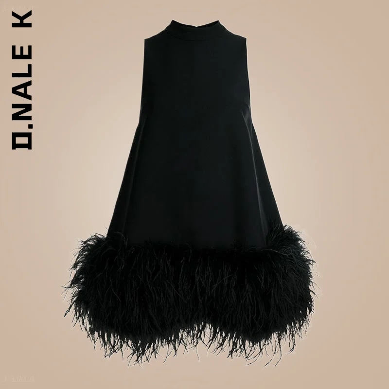 

D.Nale K Loose Tassel A Line Dresses Feather Fur Dress For Women O Neck Sleeveless Female Streetwear 2022 Summer Fashion New