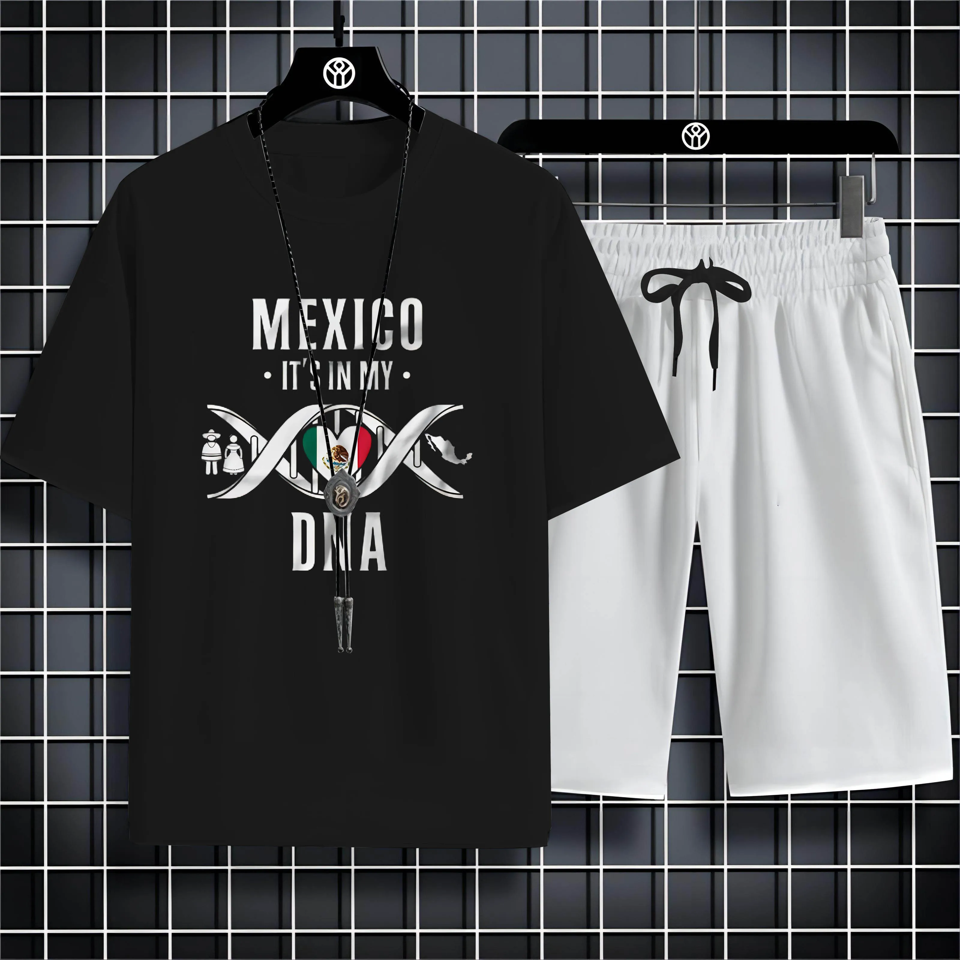 

Summer Casual 2d Alphabet Print Mexican Elements Men'S O-Neck Comfortable Breathable Short Sleeve Beach T-Shirt Set