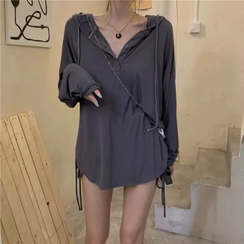 

Hooded Long Sleeve T-shirt Women's Thin Top Loose Large Sun Protection Clothing Fashion Casual Shirt Street Style Y2K Top