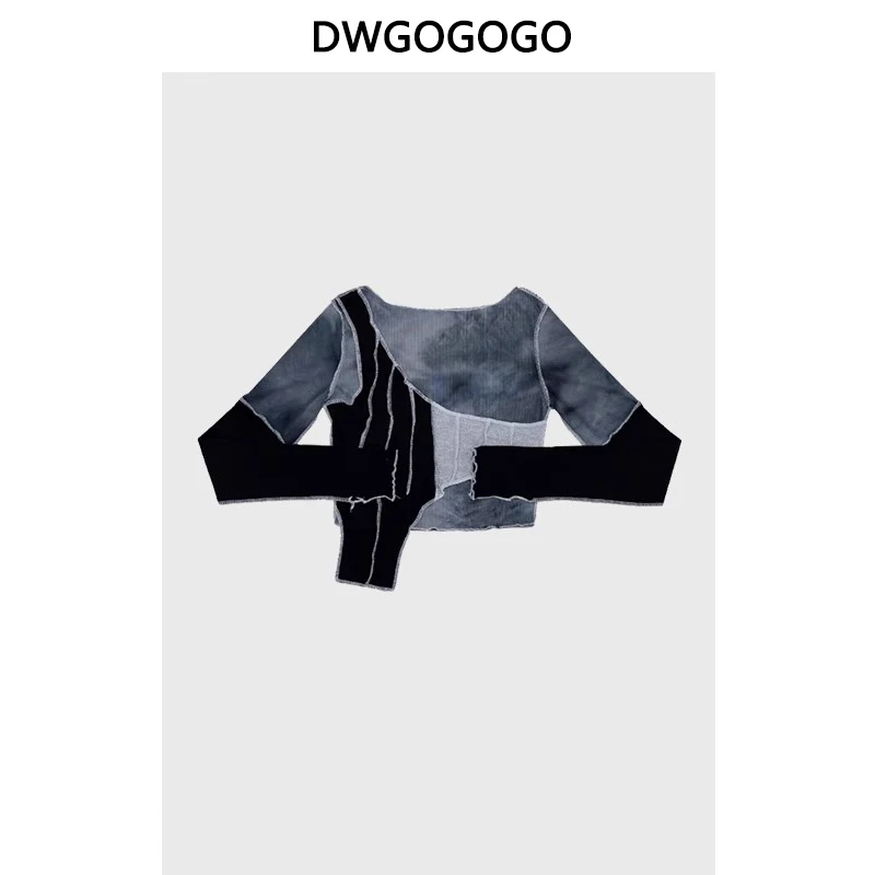 

Women Irregular Splicing Design Tops Long Sleeve American Retro Spicy Girl Style Leisure New Short T-Shirts