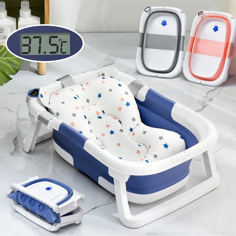 

Folding Baby Bath Tub Portable Baby Shower Tubs With Temperature Sensing Non-slip Cushion Newborn Bathtub Safe Kids Bathtub New