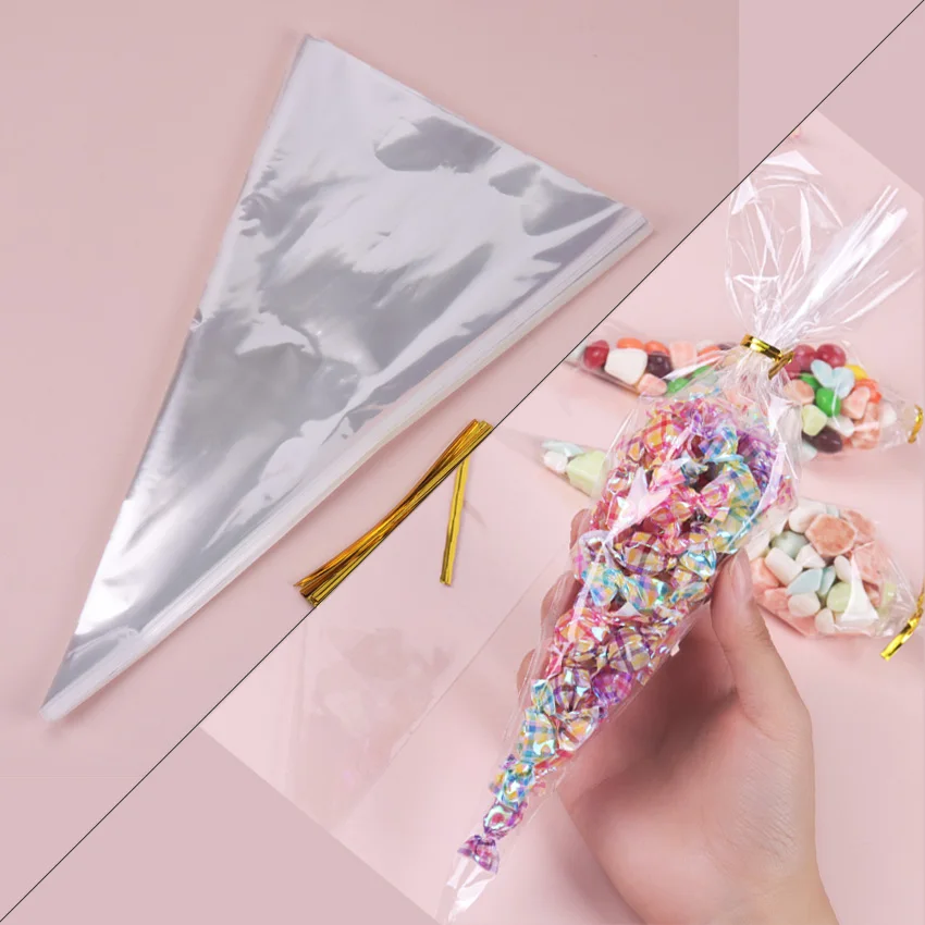 

100PCS/Lot DIY Popcorn Dessert Candy Bag Wedding Favors Birthday Party Decoration Transparent Cone Plastic Candy Bags