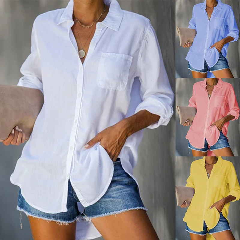 

Summer Elegant Loose White Casual Shirts Women Solid Office Cotton Blouse Office-lady Button Up Female Shirt Tops Blusas 25442