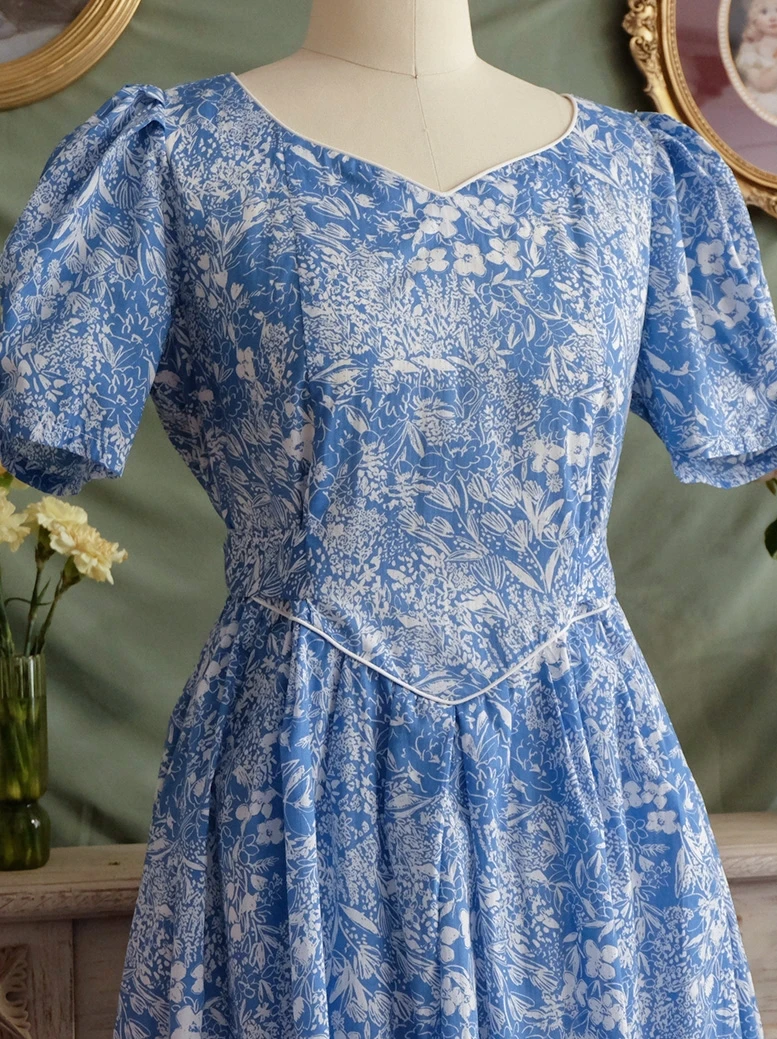 Spring Summer Women Loose Plus Size Vintage Style Cute Elegant Lady Romantic Blue Floral Blue Handmade Cotton Dresses