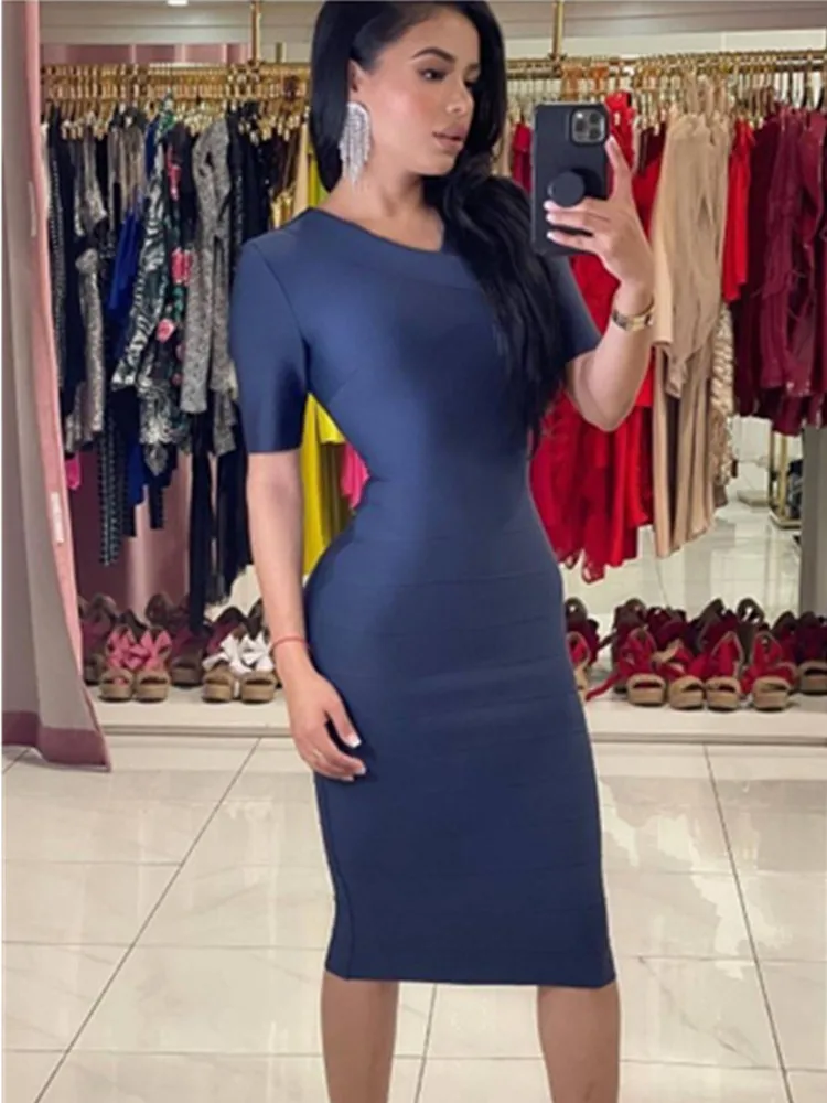 

Darkblue Color Women Short Sleeve Sexy Bodycon Bandage Midi Dress Elegant Evening Party Dress Celebrate Fashion Birthday Dress
