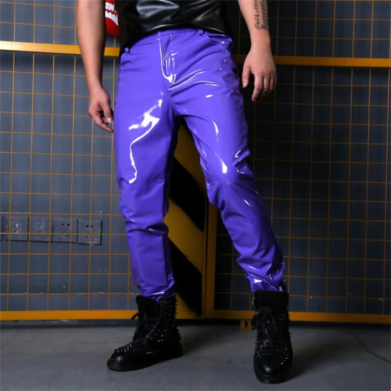 faux leather pants mens Blue patent leather stretch feet pants pu trousers for men personality fashion pantalon homme dance