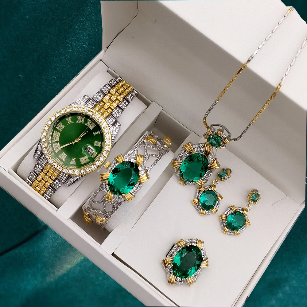 5Pcs Women Watch Luxury Full Diamond Elegant Quartz Watches For Ladies Retro Simulation Color Gemstone Party Jewelry Sets
