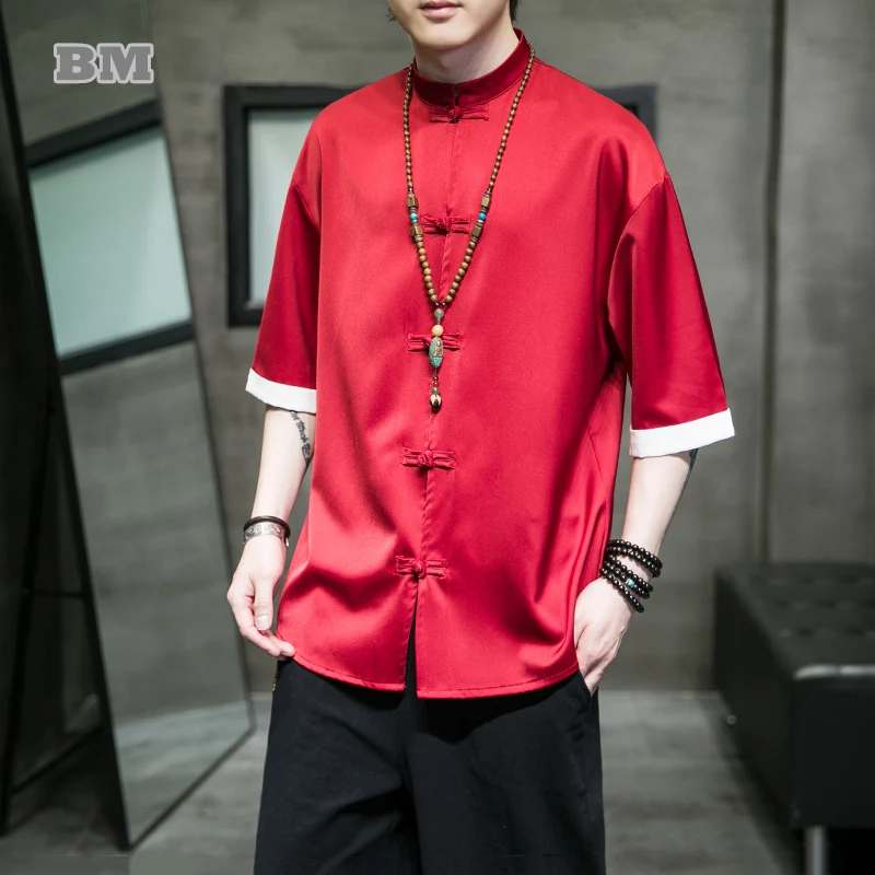 

Chinese Traditional Dress Summer Thin Ice Silk Short Sleeve Shirt Tai Chi Kung Fu Tang Suit Stand Collar Retro Plus Size Top Men