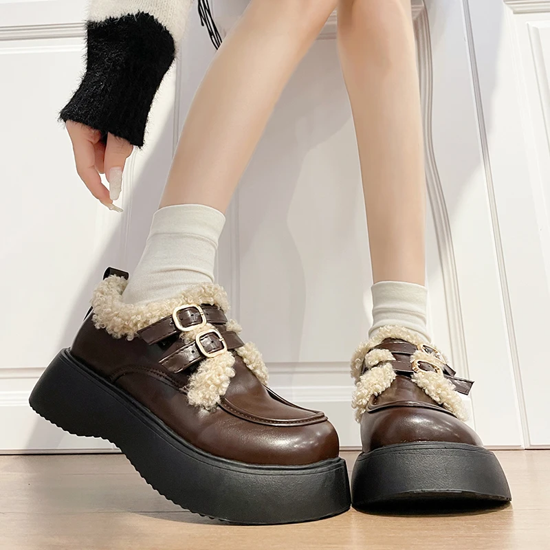 

Туфли женские на платформе, повседневные кроссовки, оксфорды, лоферы, круглый носок, мех, плоская подошва, криперы, кожаные, под платье, Осень...