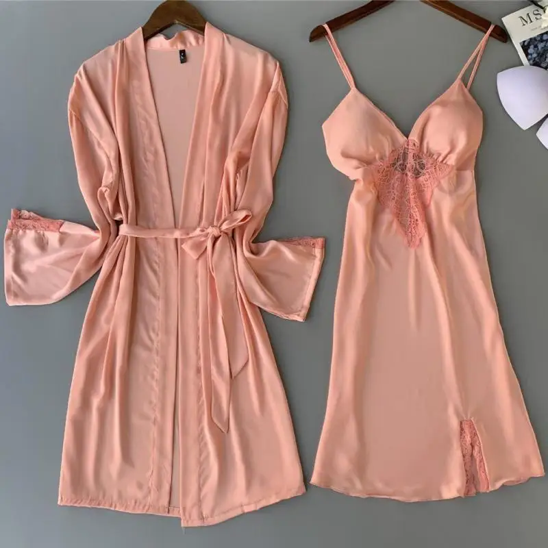 

Sexy Two Pieces Sleepwear With Lace Twinset Kimono Robe Gown Set Summer Lady Bathrobe&Strap Nightgown V-Neck Intimate Lingerie