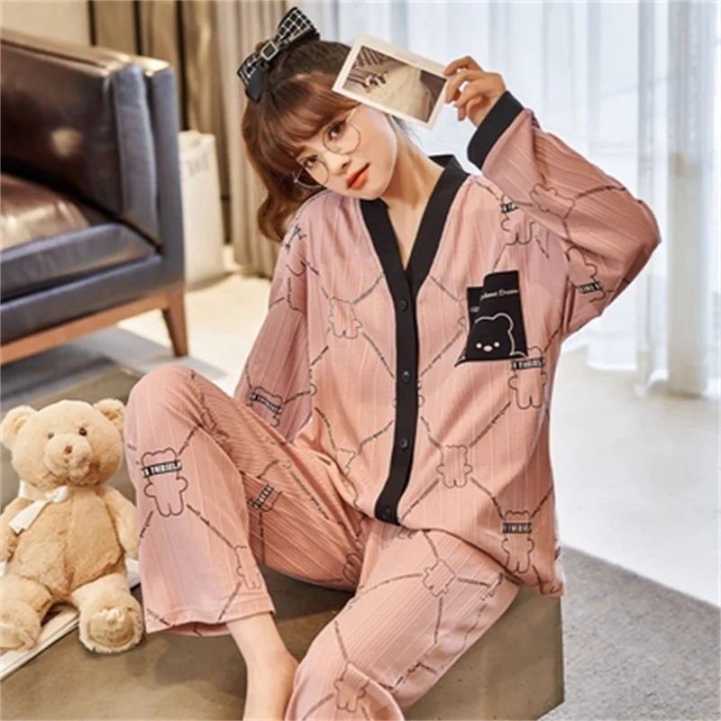 Pajamas Set Casual Sleepwear For Women Elastic Soft Cotton Pyjama Women's Sweet Cartoon V-Neck Homewear Clothes Big Size