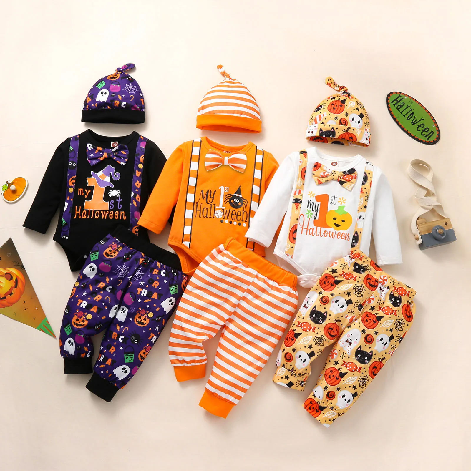 

Cute Sweatsuit Infant Baby Boys Girls Halloween Pumpkin Letter Long Sleeve Romper Bodysuit Pants Hat Outfits Clothes Set