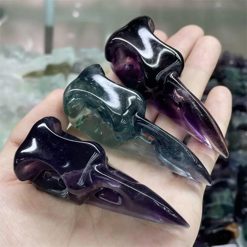 

Natural Hand-carved Rainbow Fluorite Raven Skulls Mineral Crystal Bird Head Statue Animal Room Decoration 1pcs