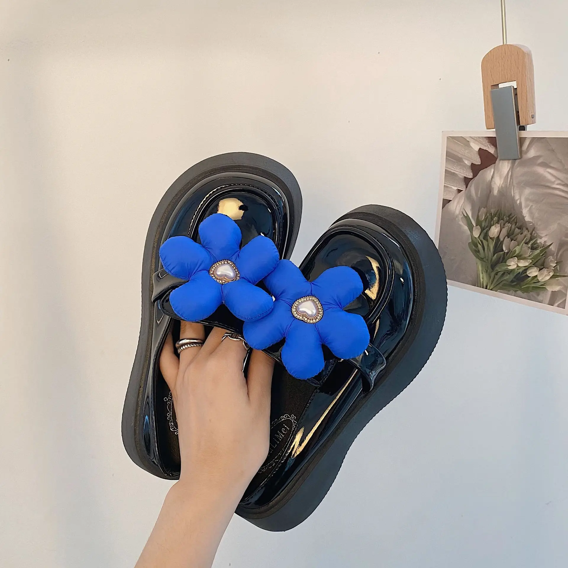 

Black Thick Bottom Heightened Casual Pearl Women's Summer Non-slip Flower Trend Slippers Shoes High Heels Mary Janes Shoes