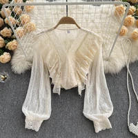 women spring korean sweet loose clothes lace ruffled embroidery blouses fashion ladies tops vintage dot chiffon shirts 2022 new