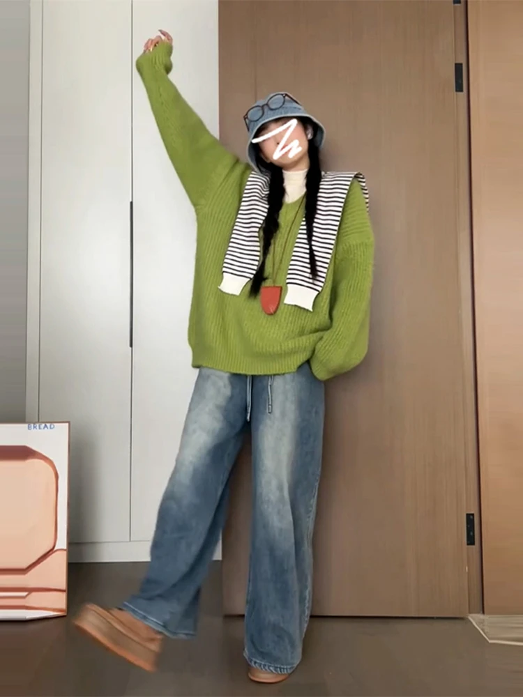 2024 новая корейская серия зеленый свободный вязаный свитер с v-образным вырезом
