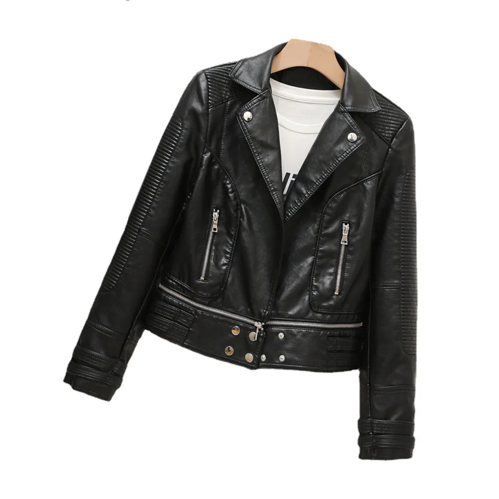 Hem removal back embossed suit collar short style leather coat autumn machine car leather jacket coat pleats