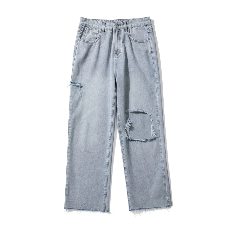 Men's Big Ripped Straight Baggy Light Blue Jeans Spring Classics Korean Style Fashion Wide Leg Pants Denim Ankle-Length Pants