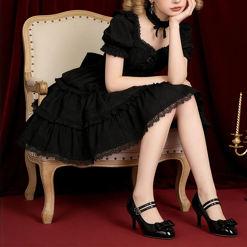 Фото Женские туфли Sweet Lolita Mary Jane на каблуке с круглым носком, милые туфли для косплея, женские праздничные туфли на тонком каблуке 7 см, красные, черные, бежевые D994 №1