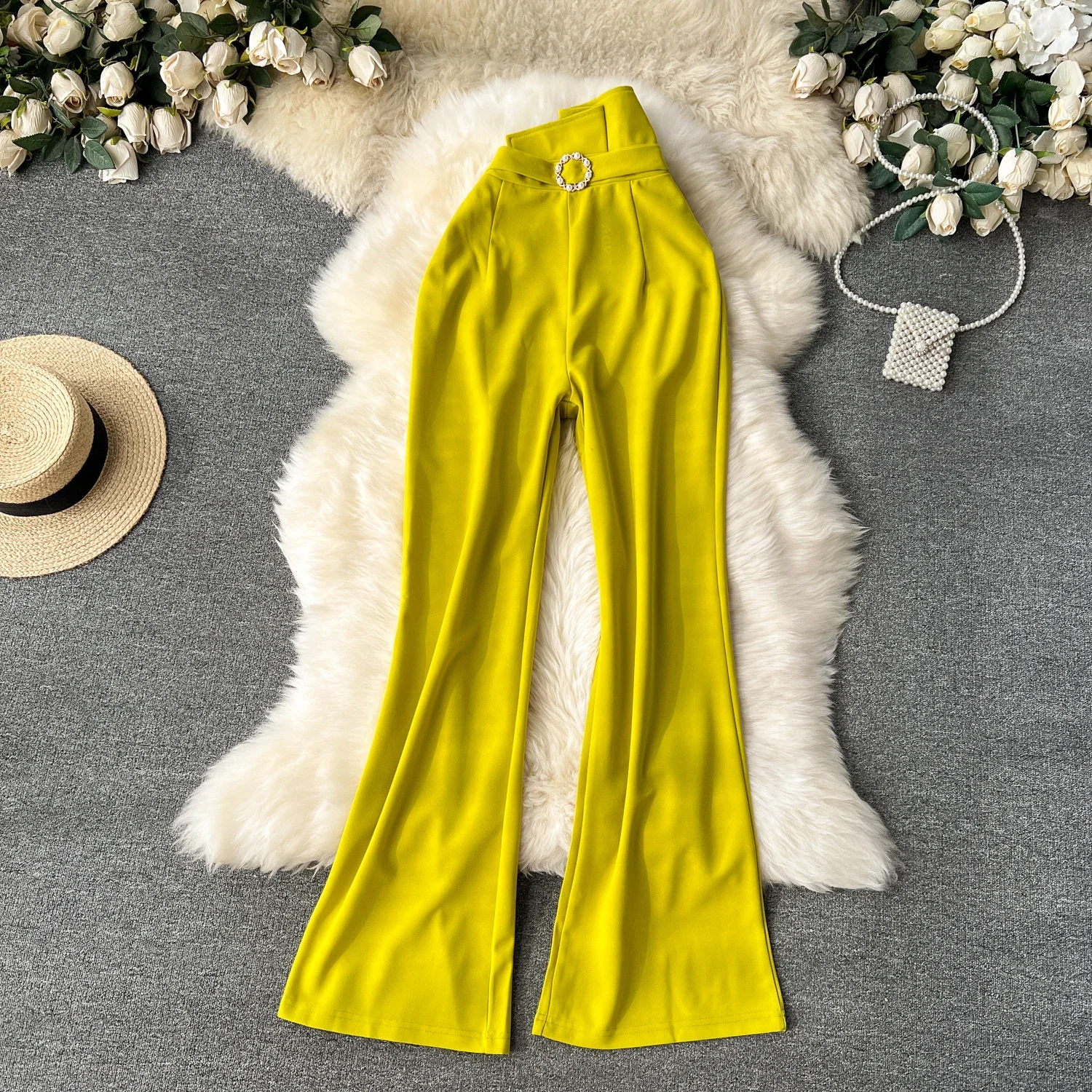 

Chic Vintage Belt High Waist Flare Pants Pants Wide Leg Korean Fashion Trousers Elegant Casual Slim Women Autumn Streetwear