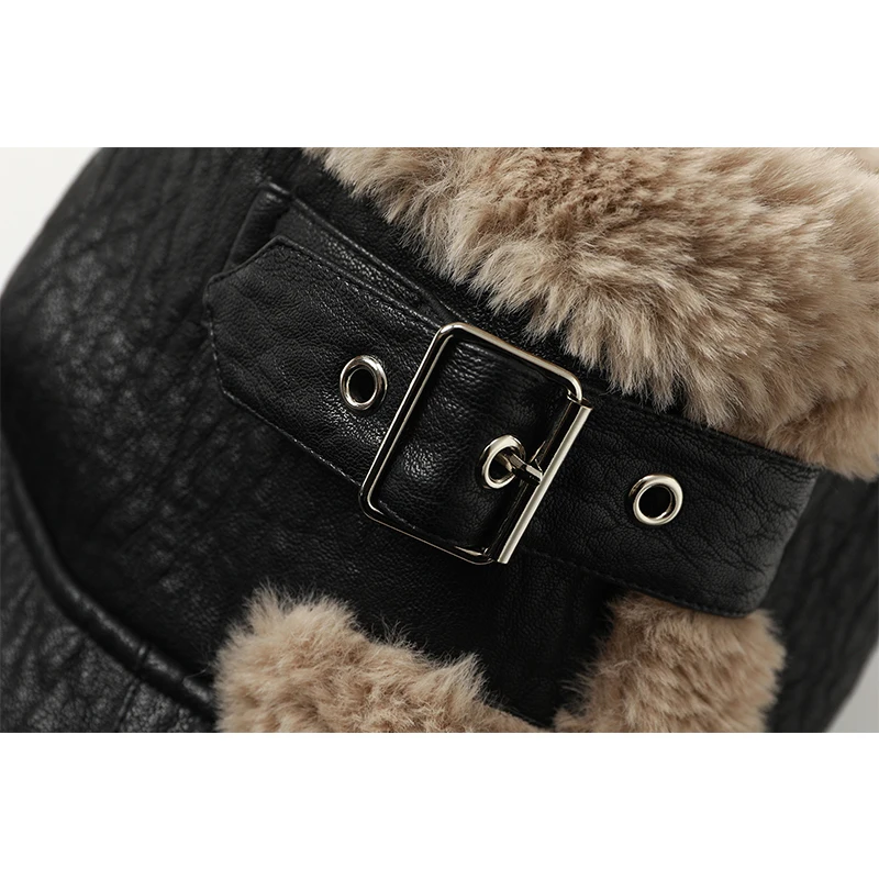 Fashion 2021 Faux Fur Coat Women Fur Collar Leather Jacket Warm Plush Thick Outerwear Winter Ladies Wool Coats Zipper Jackets