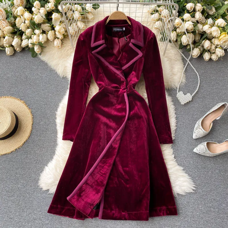 Осенне-зимнее Новое цветное золотистое бархатное платье с большими лацканами и длинными рукавами во французском стиле