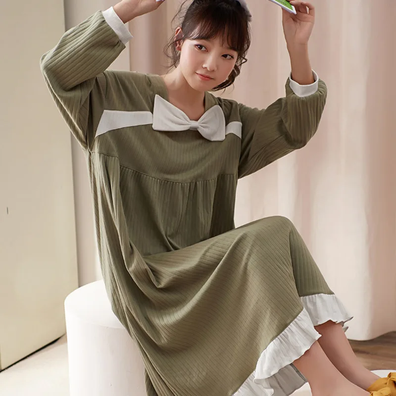 

Ночная рубашка женская хлопковая с круглым вырезом и бантом