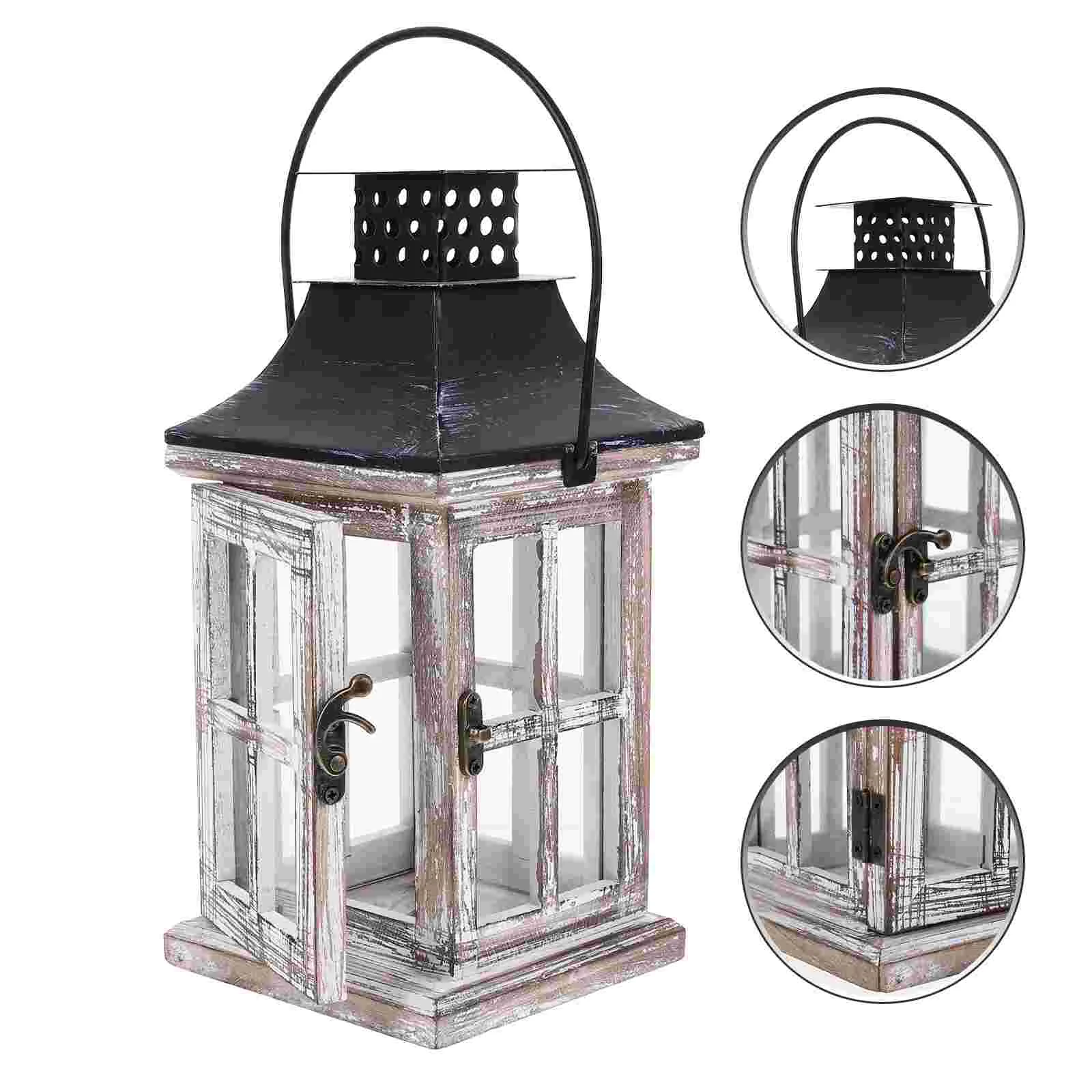 

Vintage Stand Lanterns Decorative Indoor Iron Candlesticks Goblincore Room Wooden Glass Desktop Ornament Table