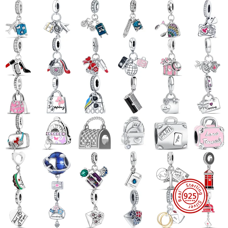 

925 Solid Silver Handbag Shopping Bags Suitcase Travel Case Postcard Passport Envelope Bead Fit Original Pandora Charms Bracelet