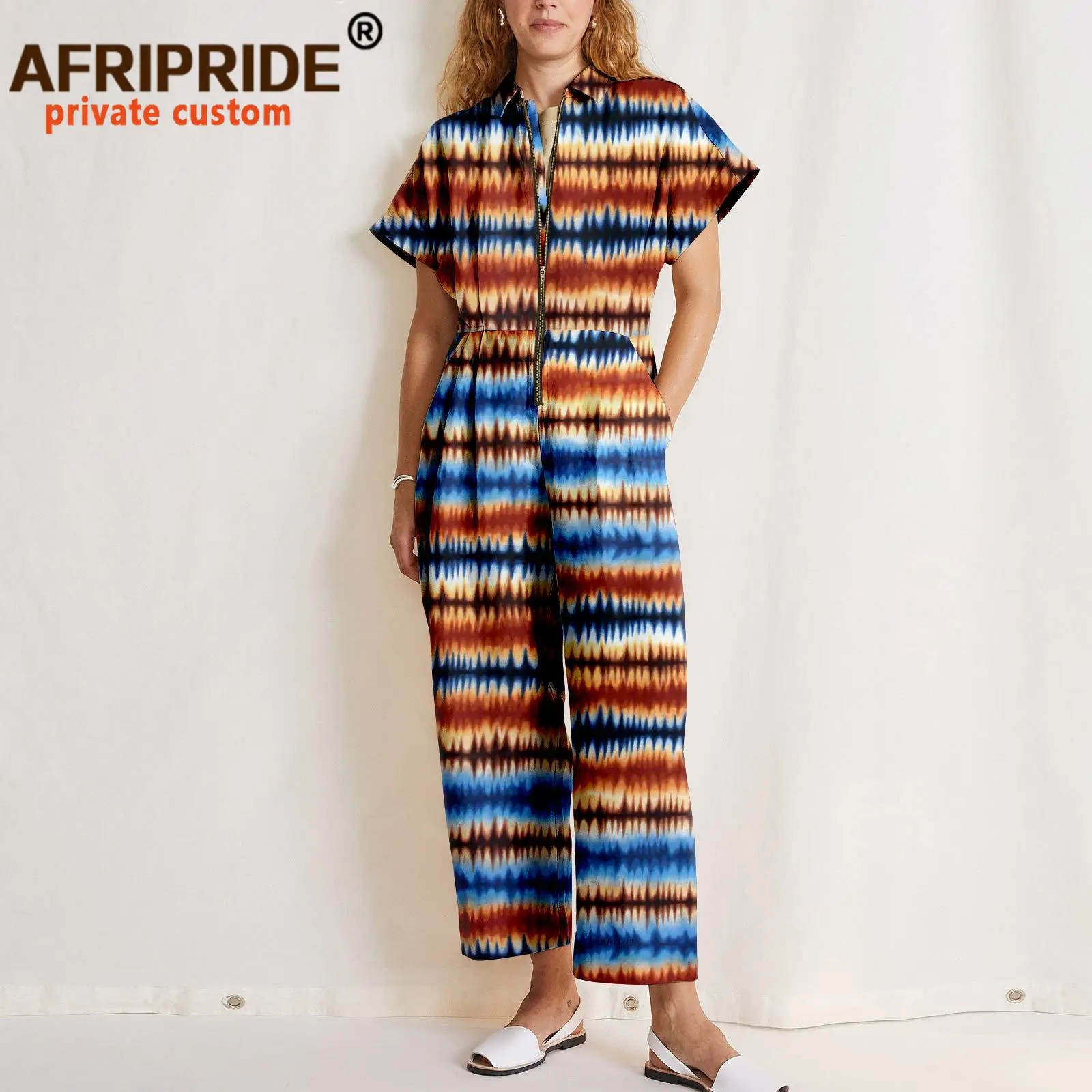 Afripride African Jumpsuit for Women Ankara Print Zipper Closure Loose Straight High Street Style Casual Playsuit A2229001