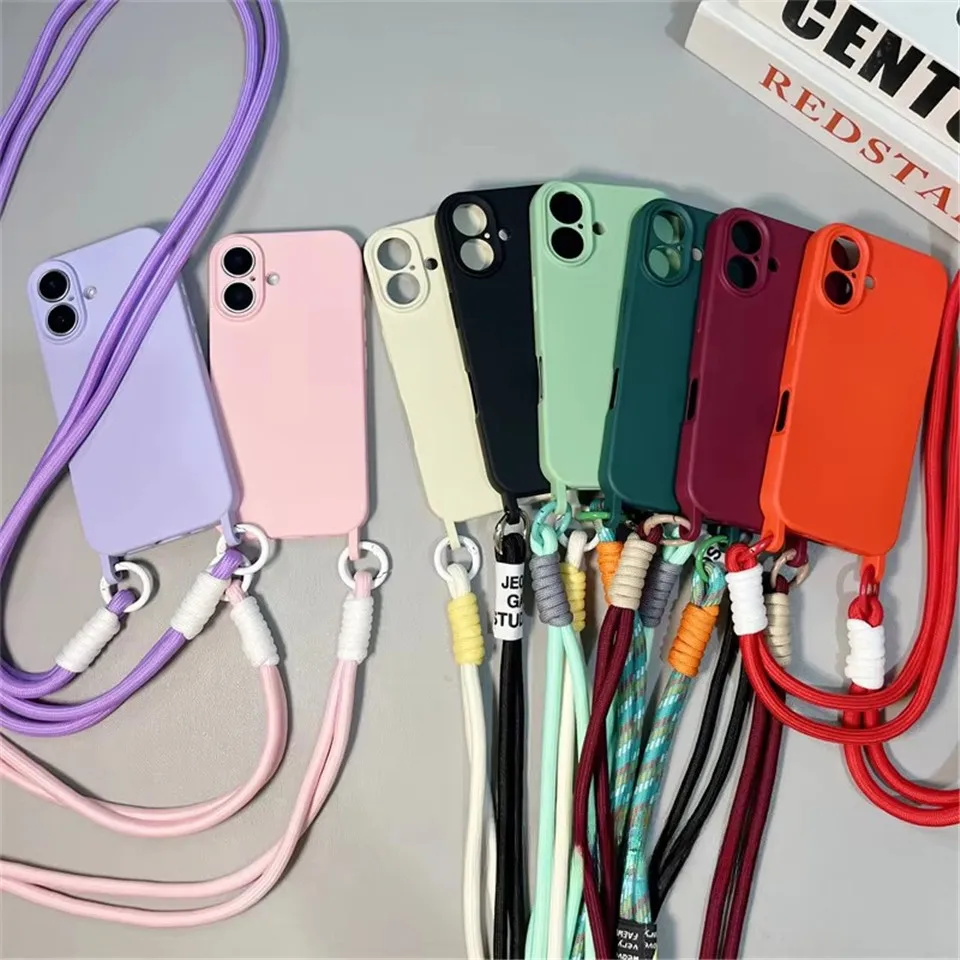 Роскошный чехол из жидкого силикона для iPhone 16 Pro Max 15 14 13 12 11 с ремнями через плечо