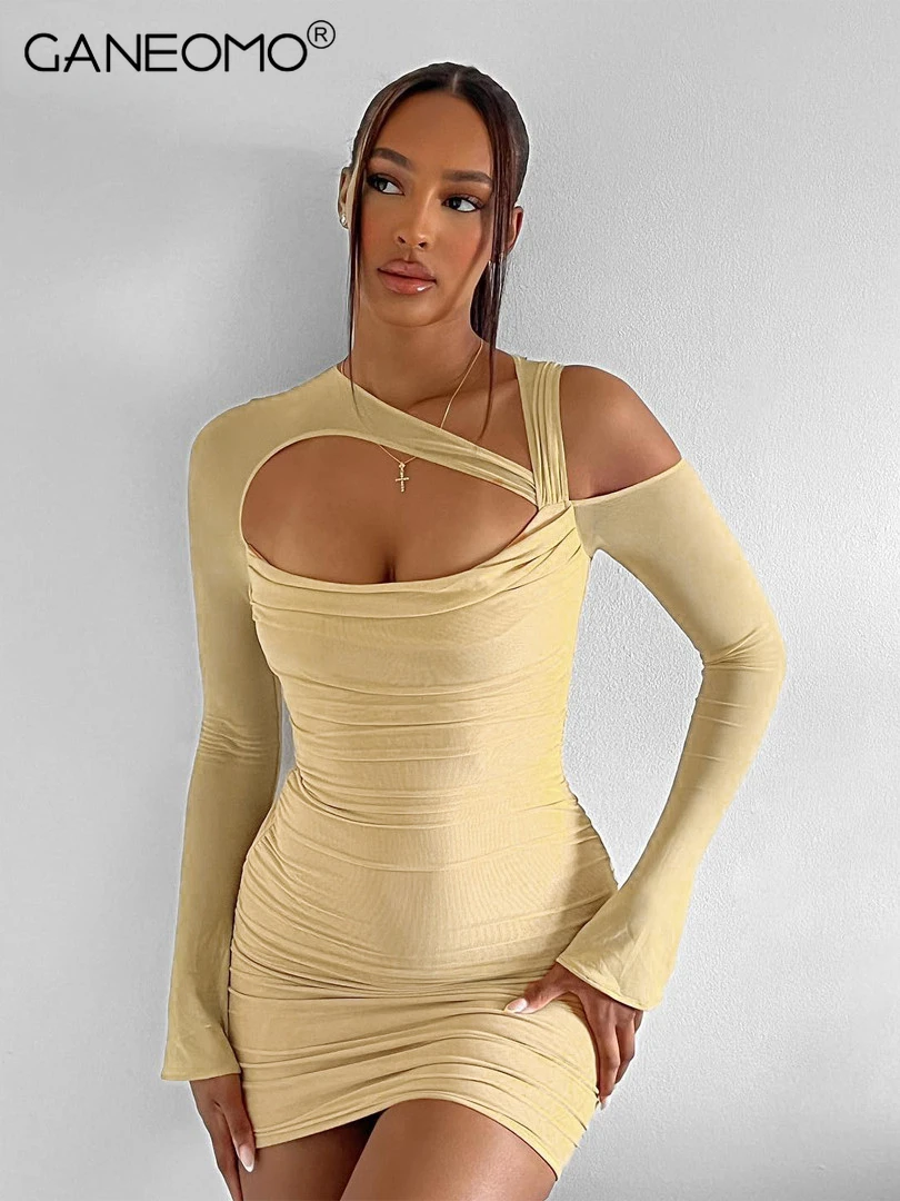 

Женское Сетчатое мини-платье с длинным рукавом, облегающее элегантное платье с рюшами для вечеринки, праздника, дня рождения, подружки неве...