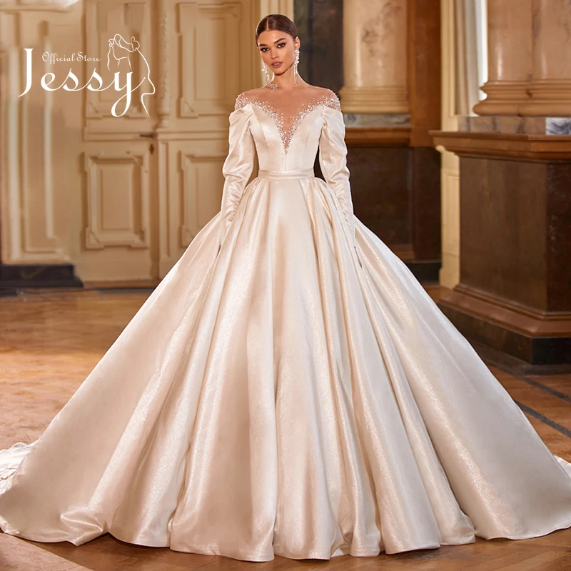 

Luxury Shining Wedding Dress Beading With Matte Satin Ball Gown O-neck Full Sleeve Elegant Church Wedding Button Robes De Mariée