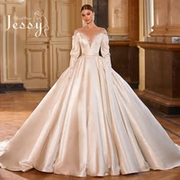 luxury shining wedding dress beading with matte satin ball gown o neck full sleeve elegant church wedding button robes de mari%c3%a9e