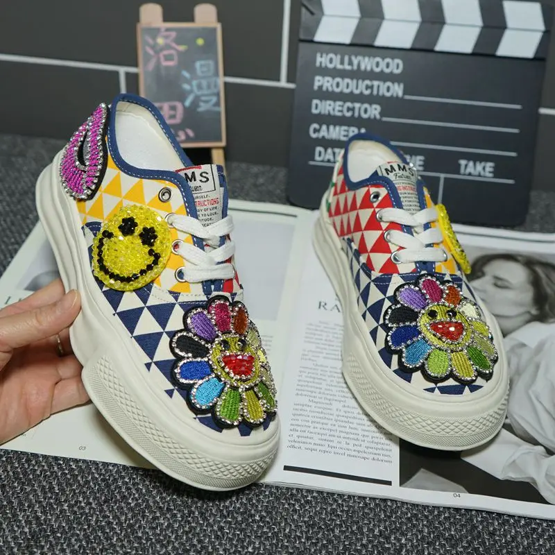 

Heavy Industry Rhinestone Flowers Handmade Custom Pattern Flat Low Casual Shoes Casual Banquet Shoes 35-40