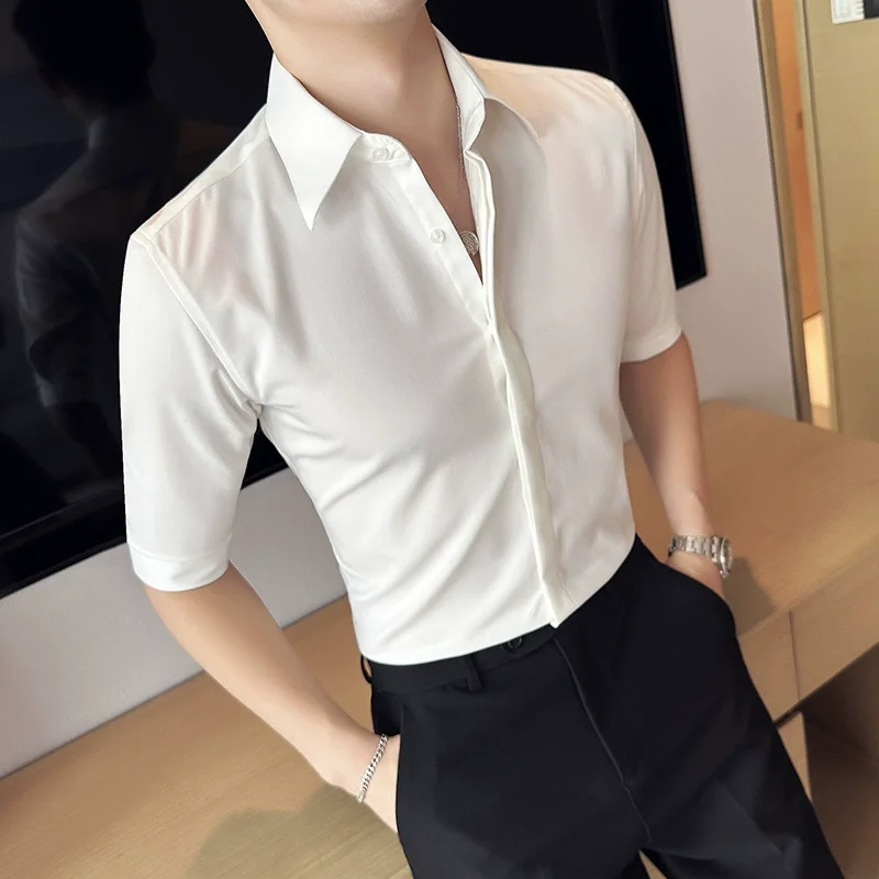 

Summer Hidden Front Large Neck Shirts For Men Clothing 2023 Slim Fit Business Casual Tops&Tees Half Sleeve T-shirt Plus Size 4XL