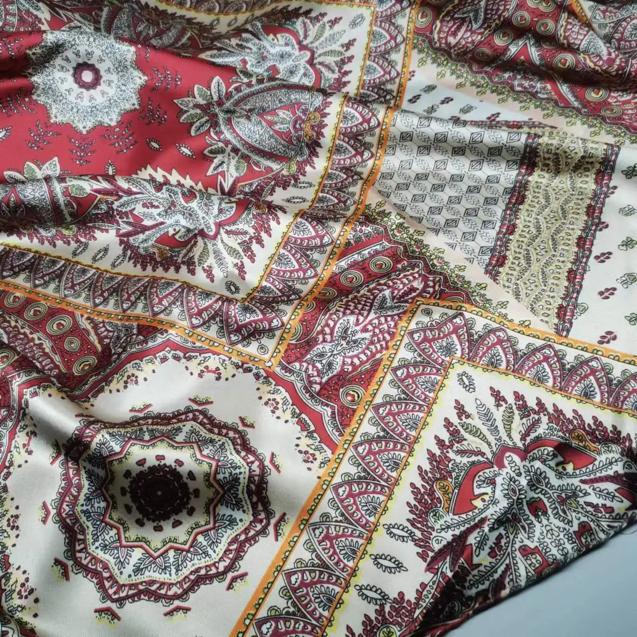 Bohemian Print Ethnic Satin Soft Paisley Fabric DIY for Craft Ribbon Scarf Material