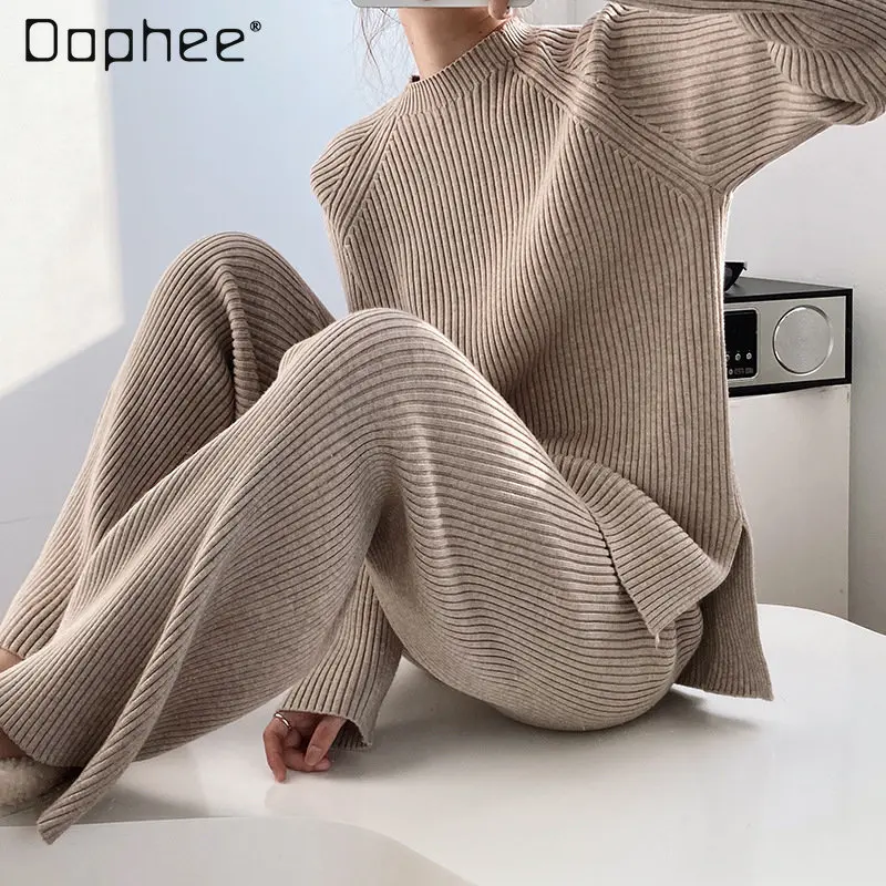 Autumn New Fashionable Sweater with Side-Slit Sweater Suit Ladies Thickened Knitting Wide Leg Pants Two-Piece Set for Women