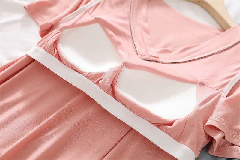 Modal Nightdress with Chest Pad Soft Cotton Nightgown for Women V Neck Nightshirts Short Sleeve Sleepwear Plus Size Nightdress