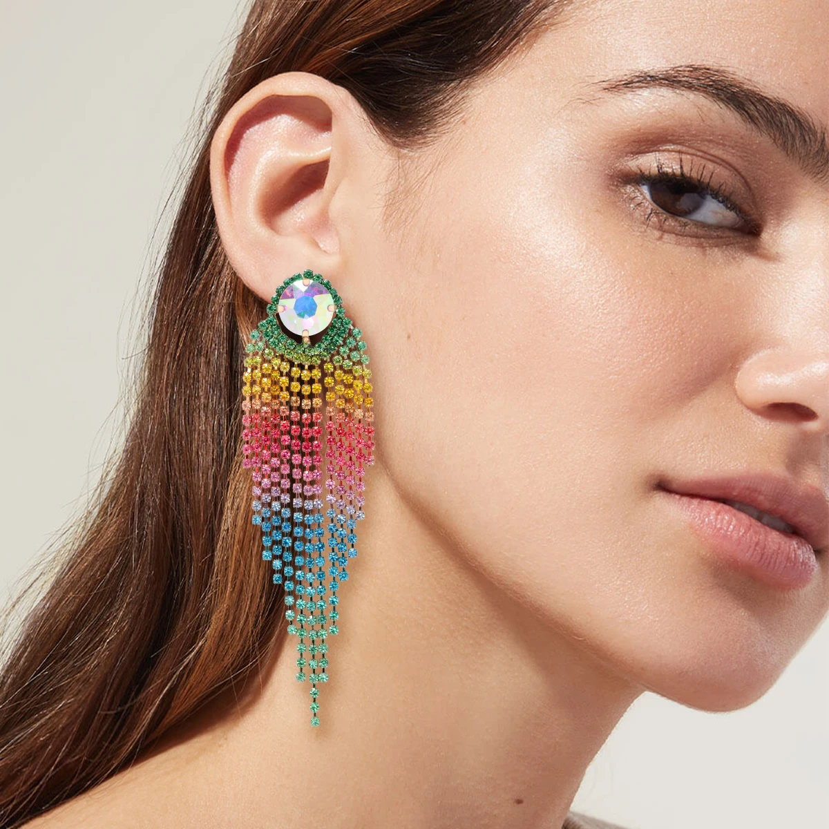 

2023 New Colorful Crystal Rhinestone Tassel Earrings for Women Fashion ZA Jewelry Long Dangle Earrings
