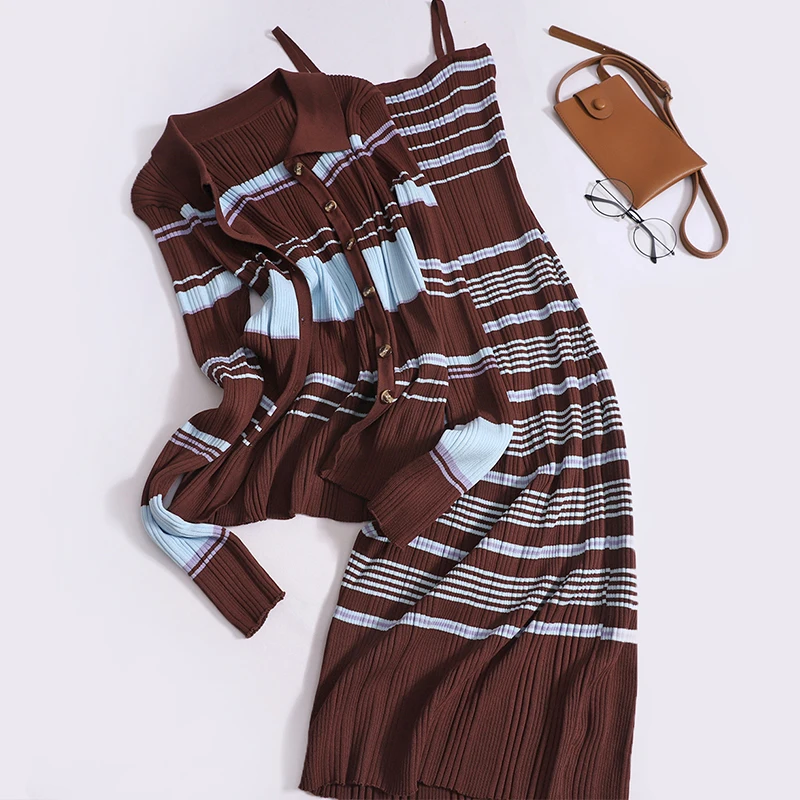 

Autumn New Casual knitted Two Piece Set Korean Fashion Slim Contrast Stripe Collar Cardigan Knit Hip Slip Dress Suit Elegant