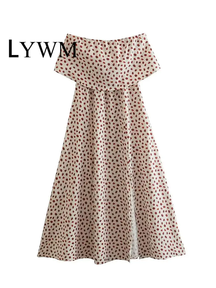 

Модное женское платье-миди LYWM в горошек, винтажное платье с воротником-лодочкой, высокой талией и разрезом спереди, женское шикарное платье ...