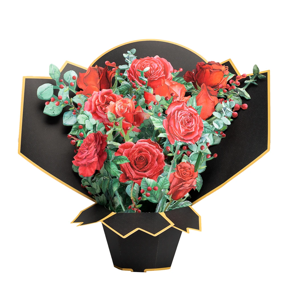 

10PCS 3D Pop Up Greeting Card Flower Red Rose Bouquet with Envelope Invitation Cards Valentine's Day Gift