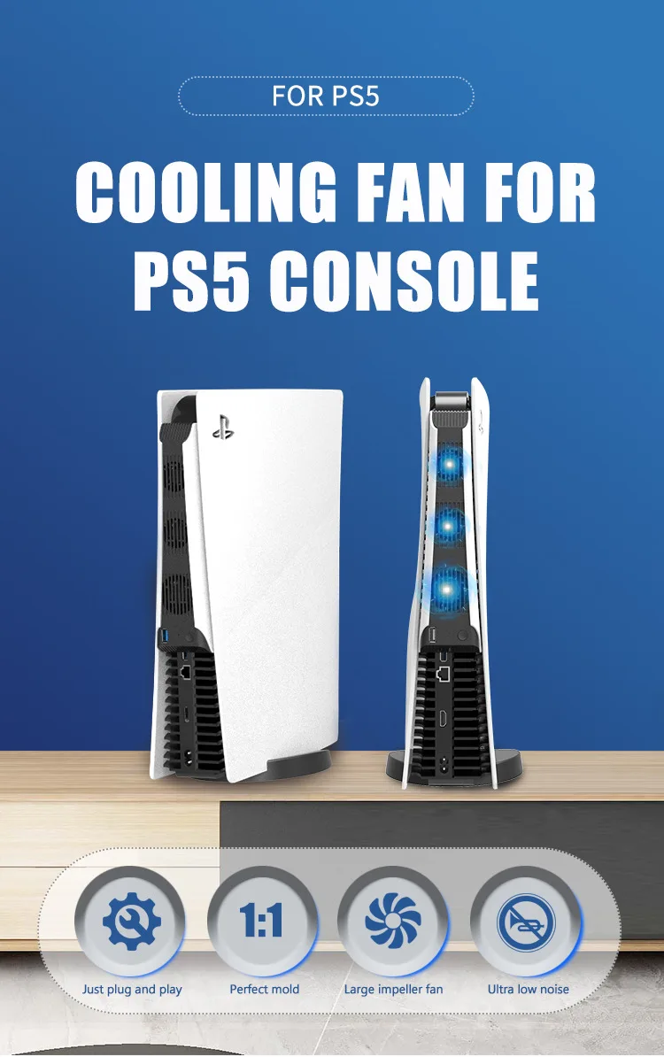 Фото Вертикальная подставка для PS5 Disc Edition с 3 вентиляторами, USB 3.0 портом, бесшумной системой охлаждения, игровые аксессуары №5